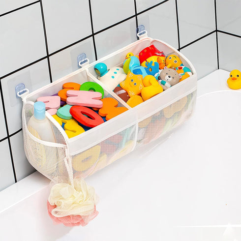 Original Two Compartment Easy-access Mesh Bath Toy Organizer for Bath Tub with Large Openings Quick Drying Cute Toddler Bath Toy Storage Holder fo...