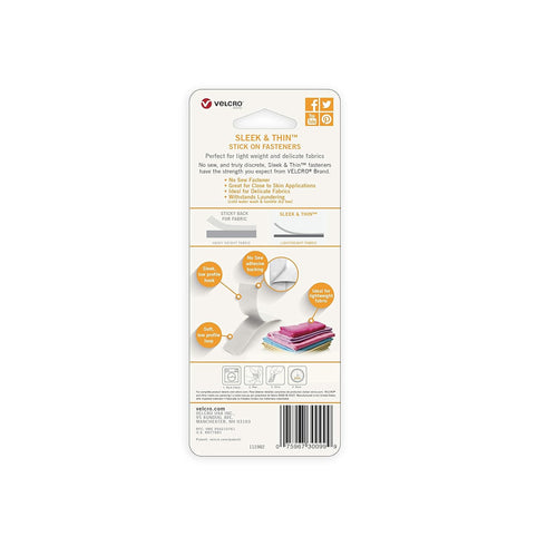 VELCRO Brand Sleek and Thin Stick On Tape for Fabrics | 24in x 3/4in, White| Soft on Skin Ultra Light | Adhesive Back No Sewing Needed...