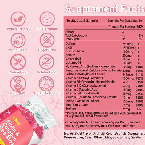 Vegan Collagen Gummies with Biotin, Sea Moss, Keratin, Hyaluronic Acid, Vitamin for Skin, Hair Growth, Nails & Joints, Women Men Adults Kids, 60 G...