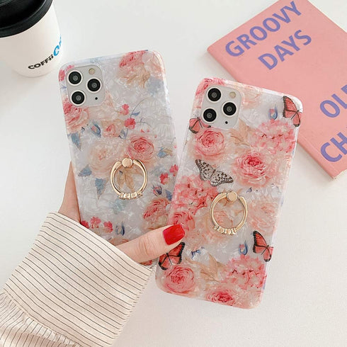 Qokey for iPhone Xs Max Case 6.5 inch,Clear Flower Design Cute Fashion for Women Girls with 360 Degree Rotating Ring Stand Holder Kickstand Soft T...