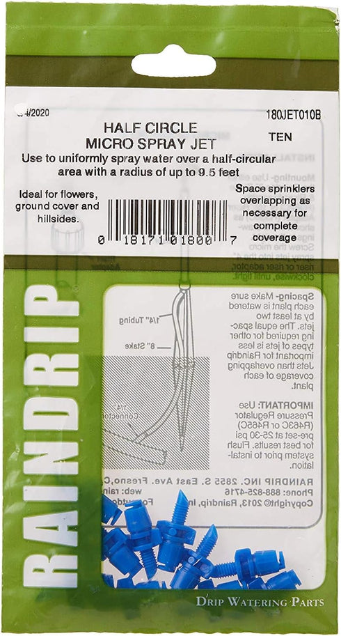 Raindrip 180JET010B Micro Jet, Half-Circle Pattern, Fan Spray with 10-32 Threaded Inlet, No Size, Blue...