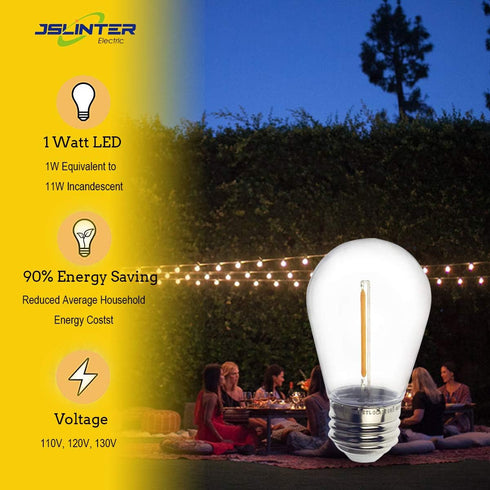 Jslinter S14 1W Outdoor String Lights Bulbs LED, Shatterproof & Waterproof, 2200K Warm White, 11W Equivalent, E26 Base, Edison Vintage Style Repla...