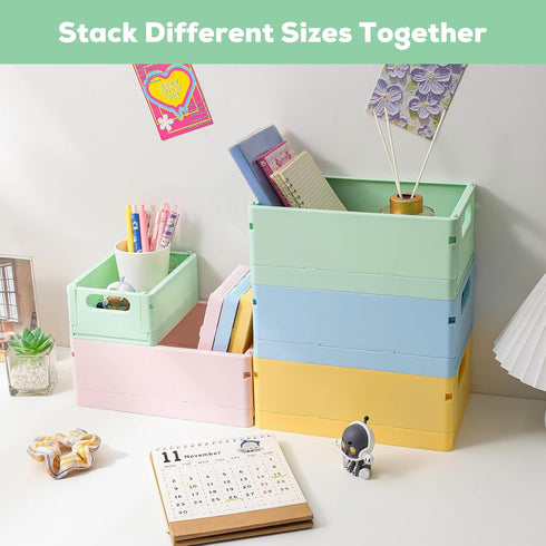 2-Pack Mini Pastel Crates Organizer Collapsible Plastic Storage Basket Small Crate Storage, Stackable Cute Bins for Office & Home Bedroom, Bathroo...