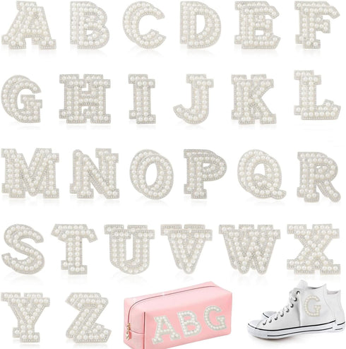 52 Pcs Pearl Letter Patches, Self Adhesive A-Z Glitter Alphabet Patches Bling Rhinestone Letter Patches with Rhinestone Sticker for Craft Bags Hat...
