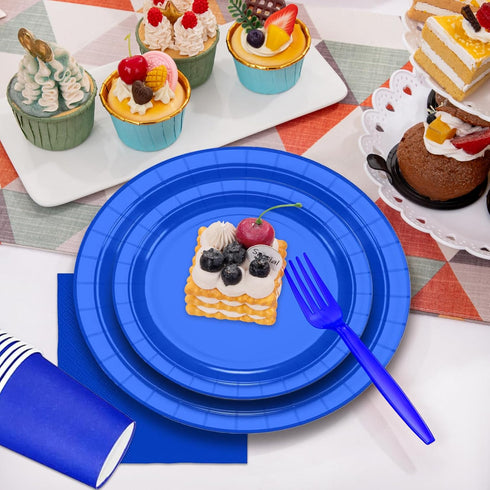 Blue Party Birthday Supplies, Blue Paper Plates Napkins Cups, Disposable Dinnerware Set Serves 25, Blue Plastic Forks Knives Spoon for Wedding Bri...
