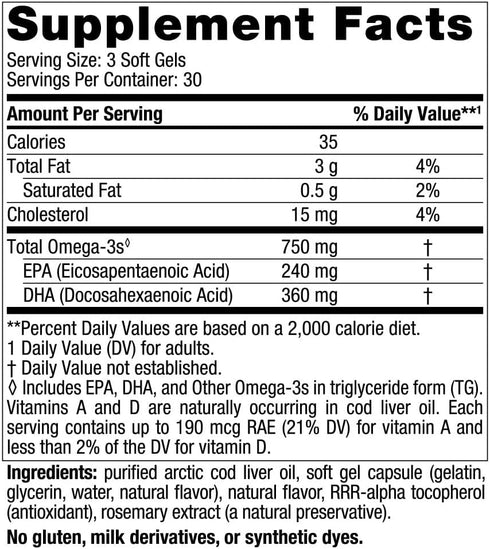 Nordic Naturals Arctic Cod Liver Oil, Lemon - 90 Soft Gels - 750 mg Total Omega-3s with EPA & DHA - Heart & Brain Health, Healthy Immunity, Overal...