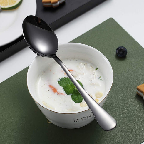Kyraton 6-Piece 8" Stainless Steel Table Spoon Set, Titanium Black Plating, Gold Soup & Dessert Spoons, Dishwasher Safe...