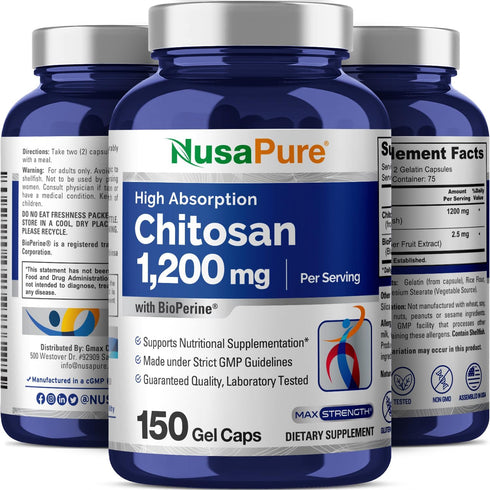 NusaPure Chitosan 1200mg 150 Caps (Non-GMO & Soyfree) with Bioperine...