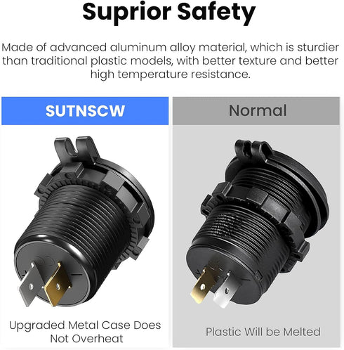 12V USB Outlet, 4 USB Port Aluminum Charger Socket 2 USB C PD & 2 USB QC3.0 with Voltmeter, 12V/24V Car USB Charger Socket for Car Boat Marine Bus...