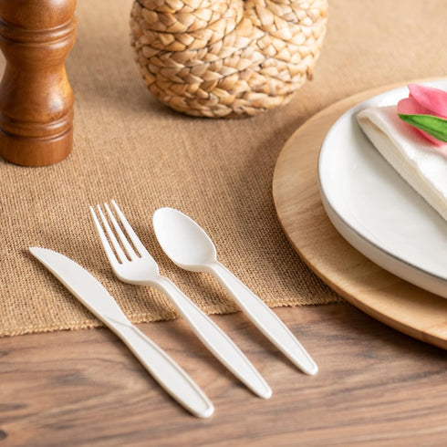 100% Compostable Forks Spoons Knives Cutlery Combo Set - 150 Large Disposable Utensils (7 in.) Eco Friendly Durable and Heat Resistant Alternative...