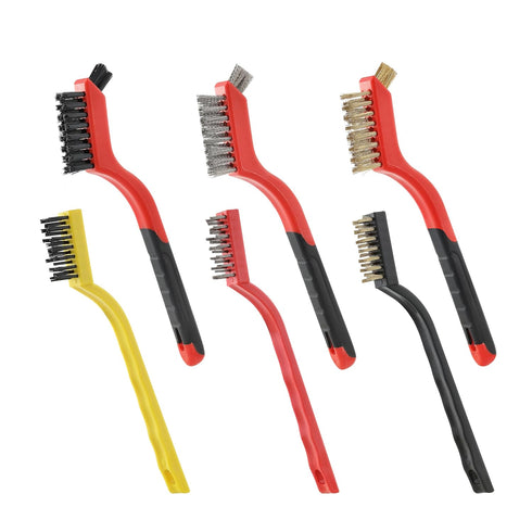 Wire Brush Set of 6 - Brass/Stainless Steel/Nylon Bristles with Anti-slip Grip and Curved Brush head, Wire Brushes for Cleaning, Metal Brush for C...