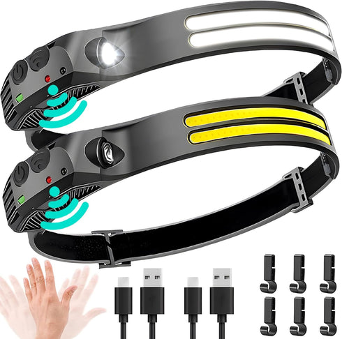 LED Headlamp Rechargeable 2PCS - 230° COB Super Bright Head Lights for Forehead, Hard hat Light for Adults, USB C Headband Flashlight for Work, Hi...