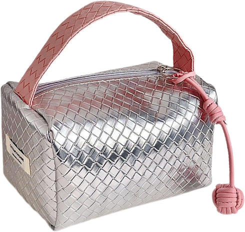 Makeup Travel Bag Cosmetic Bag, PU Leather Bright Quilted Toiletry Bag for Women Large Capacity Make Up Organizer Dorm Room Essentials (Silver)...