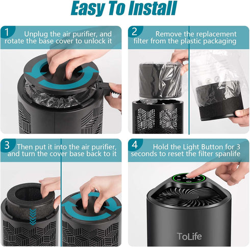 ToLife TZ-K1 Air Purifier Replacement Filter, MK01 MK06 Air Purifiers, 3-in-1 H13 HEPA Filter Replacement for Smoke Pollen Dander, Black...