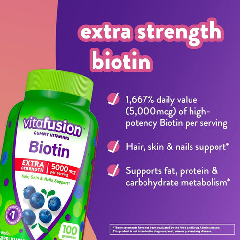 vitafusion Extra Strength Biotin Gummy Vitamins, Berry Flavored, 5,000 mcg Biotin Vitamins, America’s Number 1 Gummy Vitamin Brand, 50 Day Supply,...