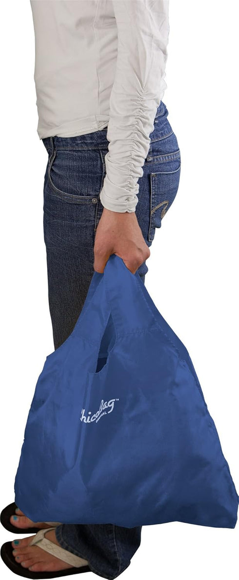 ChicoBag Original Compact Reusable Grocery Bag with Attached Pouch and Carabiner Clip- 4 Pack Blue...