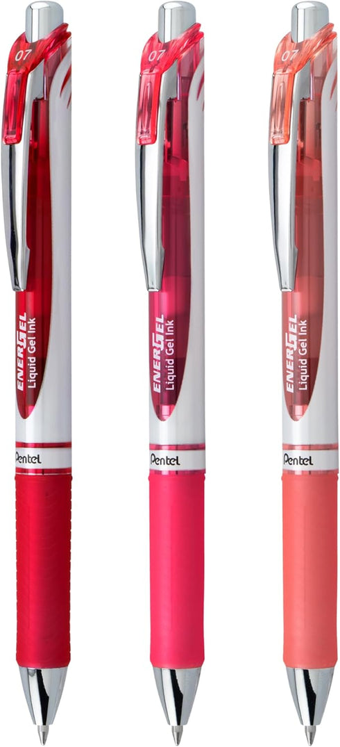 EnerGel RTX Retractable Liquid Gel Pen, 0.7mm, Journaling Hue, Red, Pink and Coral Ink, Pack of 3 Pens (BL77RBJBP3M)...