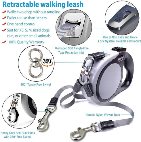 Double Retractable Dog Leash for Two Dogs Up to 50 lbs Per Dog - 16 ft Coupler Dog Leashes for Small Medium Dogs - One Locked System, Non Slip Gri...