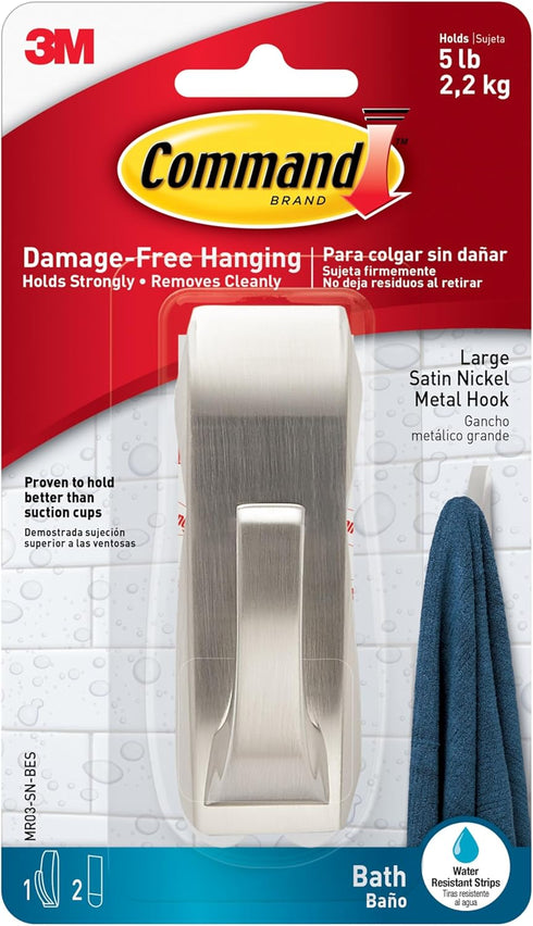 Command Modern Reflections Large Metal Bath Hook, Satin Nickel, 1-Hook with Water-Resistant Strips, Organize Damage-Free...