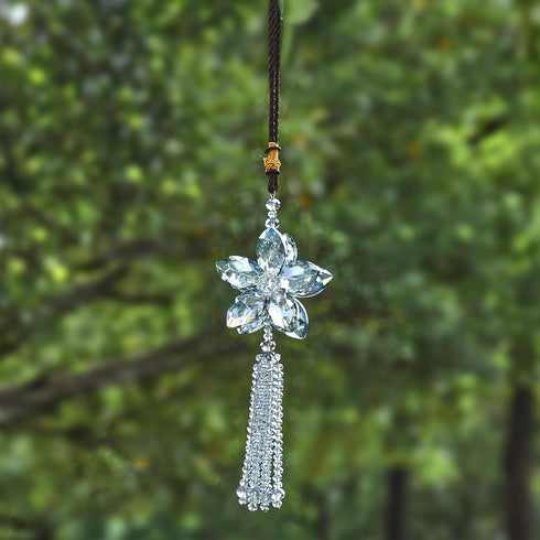 AuMoHall Crystal Flower Car Rear View Mirror Pendant Car Hanging Ornament Lucky Car Charm with Dangle Beads, Blue...