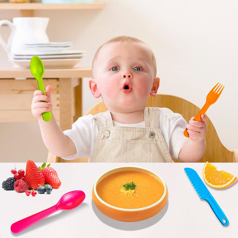 16 Pcs Kids Plastic Utensils, Reusable Toddler Feeding Utensils with 8 Kids Forks and 8 Kids Spoons, Colorful Kids Silverware Cutlery Set for Scho...