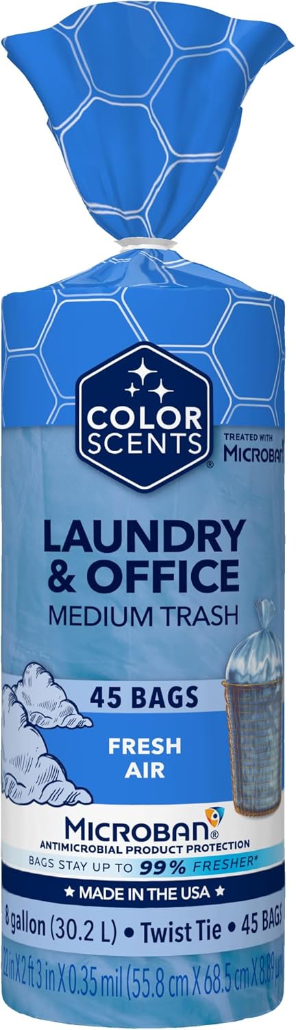 Color Scents Medium Trash Bags - 8 Gallon, 45 Bags (1 Pack of 45 Count), Twist Tie - Blue Bag in Fresh Air Scent with Microban...