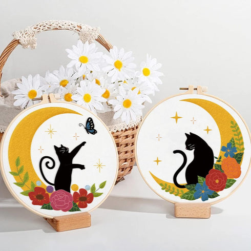 ORIGACH 4 Pack Cat Moon Embroidery Kits for Beginners, DIY Starter Hand Embroidery Kit with Cat Moon Floral Patterns and Instructions, Cat Pattern...