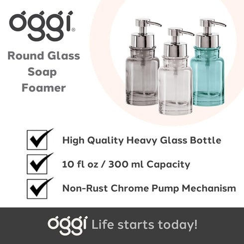 OGGI Glass Foaming Soap Dispenser - 10oz Capacity, Round, Heavy Glass - Stylish Refillable Foaming Hand Soap Dispenser, for Bathroom and Kitchen, ...