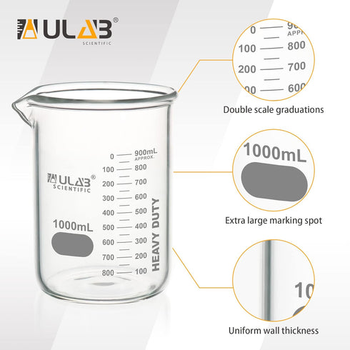 ULAB Heavy Duty Glass Beakers, Vol.1000ml (33.8oz), Borosilicate 3.3 Glass, Thick Wall Beakers, with Double Scale, Superior Durability & Chemical ...