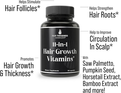 11-in-1 Vegan Hair Growth Vitamins for Thinning & Brittle Hair – Advanced Vitamin Complex with 5000mcg Biotin, Pumpkin Seed, Zinc. Supports Thicke...