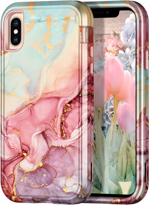 CASEFIV Compatible with iPhone Xs Max Case,Marble Pattern 3 in 1 Heavy Duty Shockproof Full Body Rugged Hard PC+Soft Silicone Drop Protective Wome...