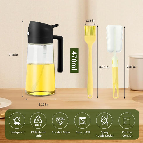 16oz Olive Oil Dispenser for Kitchen, 2 in 1 Olive Oil Dispenser and Oil Sprayer, Olive Oil Dispenser Spray Bottle with Brush, Oil Sprayer for Coo...