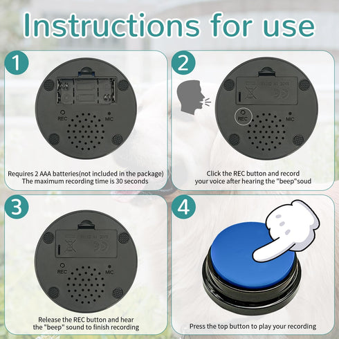 4 Recordable Buttons with Rubber Mat and 25 Stickers - Record and Playback Any Custom Message to Teach Your Dog Voice What They Want...