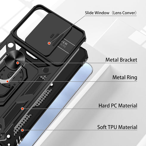 for Samsung Galaxy A25 5G Phone Case with Slide Camera Cover & Screen Protector*2, Samsung A25 5G Case Build in 360° Rotating Ring Kickstand, Mili...