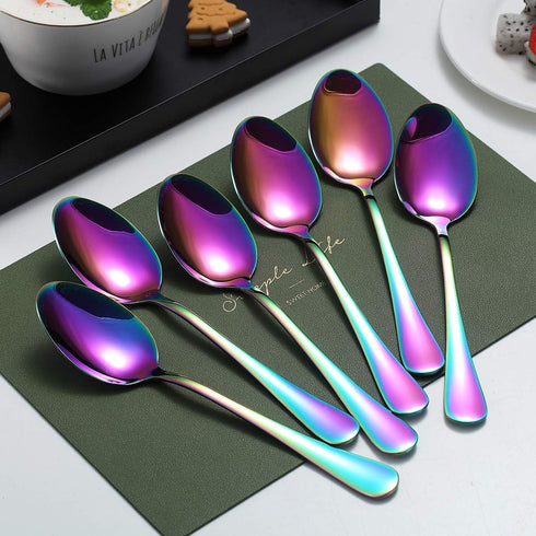 Rainbow Dinner Spoons, Kyraton 6 Pieces 7.5" Stainless Steel Table Spoon With Titanium Colorful Plating, Rainbow Soup Spoons, Dessert Spoons Slive...