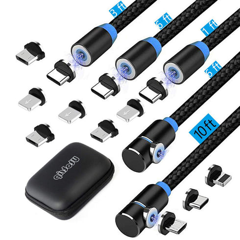 Magnetic Charging Cable,(5-Pack,1ft/3ft/6ft/6ft/10ft) Magnetic Phone Charger,3-in-1 USB Magnetic Cable Compatible Micro USB,Type C(Black,Gen 1)...