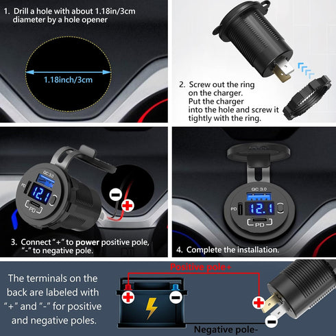 12V USB Outlet Qidoe USB C Car Charger Socket Dual PD 30W and 18W QC3.0 Port USB Car Socket with Voltmeter Button Switch Lengthened Waterproof USB...