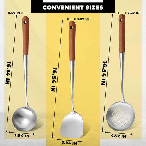 Wok Spatula and Ladle,Skimmer Ladle Tool Set, 17Inches Spatula for Wok, 304 Steel Wok Spatula...