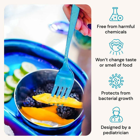 Ahimsa Stainless Steel Forks & Spoons | Cutlery Set | Kids Utensil Set | 100% BPA Free & Dishwasher Safe (Iridescent Blue)...