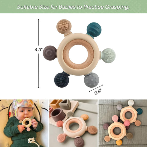Baby Teething Toys, Silicone Chewable Teethers with Wooden Ring for Soothing Babies Gums, Rudder Chewers Shower Gift for lnfants & Toddlers, 4+ Mo...