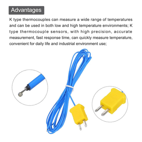 MECCANIXITY 3pcs K Type Thermocouple Mini Connector Temperature Sensor Probes PTFE 10ft -50 to 260°C(-58 to 500°F), Blue...