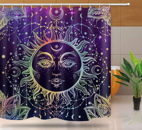 Sun Moon Shower Curtain Burning Sun with Star Psychedelic Theme Bath Curtain, Washable Upgrade Polyester Fabric for Bathroom Set with Hooks, Purpl...