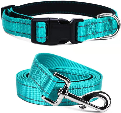 Durable Reflective Dog Collar and Leash set with Double Layer Nylon, Soft Neoprene Padded Dog Collar with 5ft Strong Pet Leash Easy for Medium Lar...