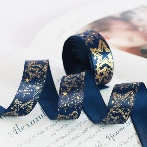 Navy Blue Ribbon with Gold Star Navy Silk Ribbon Navy Blue Satin Ribbon,10 Yards 7/8?22mm) for Gift Wrapping Craft Packing, DIY Craft, Wedding Par...