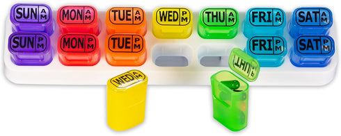 GMS Weekly Pill Organizer - 7 Day AM/PM Pop Out Pill Pods for Supplements, Vitamins & Medications - Ideal for Daily Use & Travel - Rainbow...