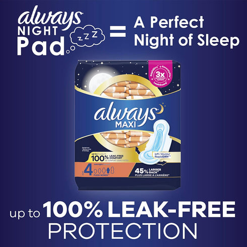 Always Maxi Pads Size 4 Overnight Absorbency Unscented with Wings, 33 Count...