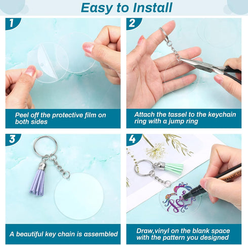 350Pcs Acrylic Keychain Blanks Cludoo Clear Acrylic Keychain Blanks for Vinyl with 60 Pcs Acrylic Blanks, 60 Pcs Keychain Tassels, 170 Pcs Jump Ri...