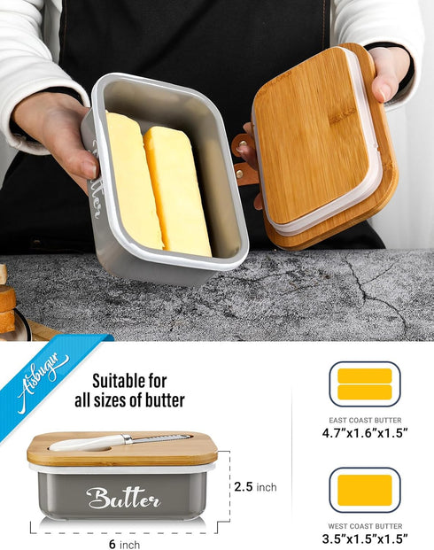 Butter Dish with Lid for Countertop, AISBUGUR Metal Butter Keeper with Stainless Steel Multipurpose Butter Knife, Large Butter Container with Doub...