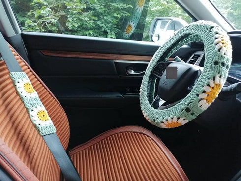 Crochet Steering Wheel Cover,Sunflower Crochet Steering Wheel Cover,Car Steering,Steering Wheel Cover for Women (C A+ 2 Belt Cover)...