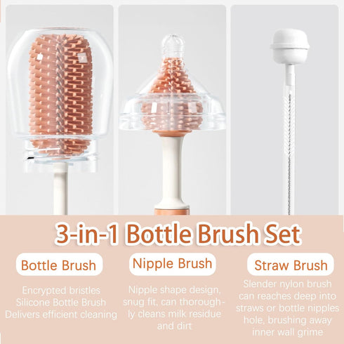 Baby Bottle Brush Set with 360° Rotating Long Handle Silicone Bottle Brush, Nipple Brush and Nylon Straw Brush, 3 in 1 Milk Bottle Cleaning Brush ...